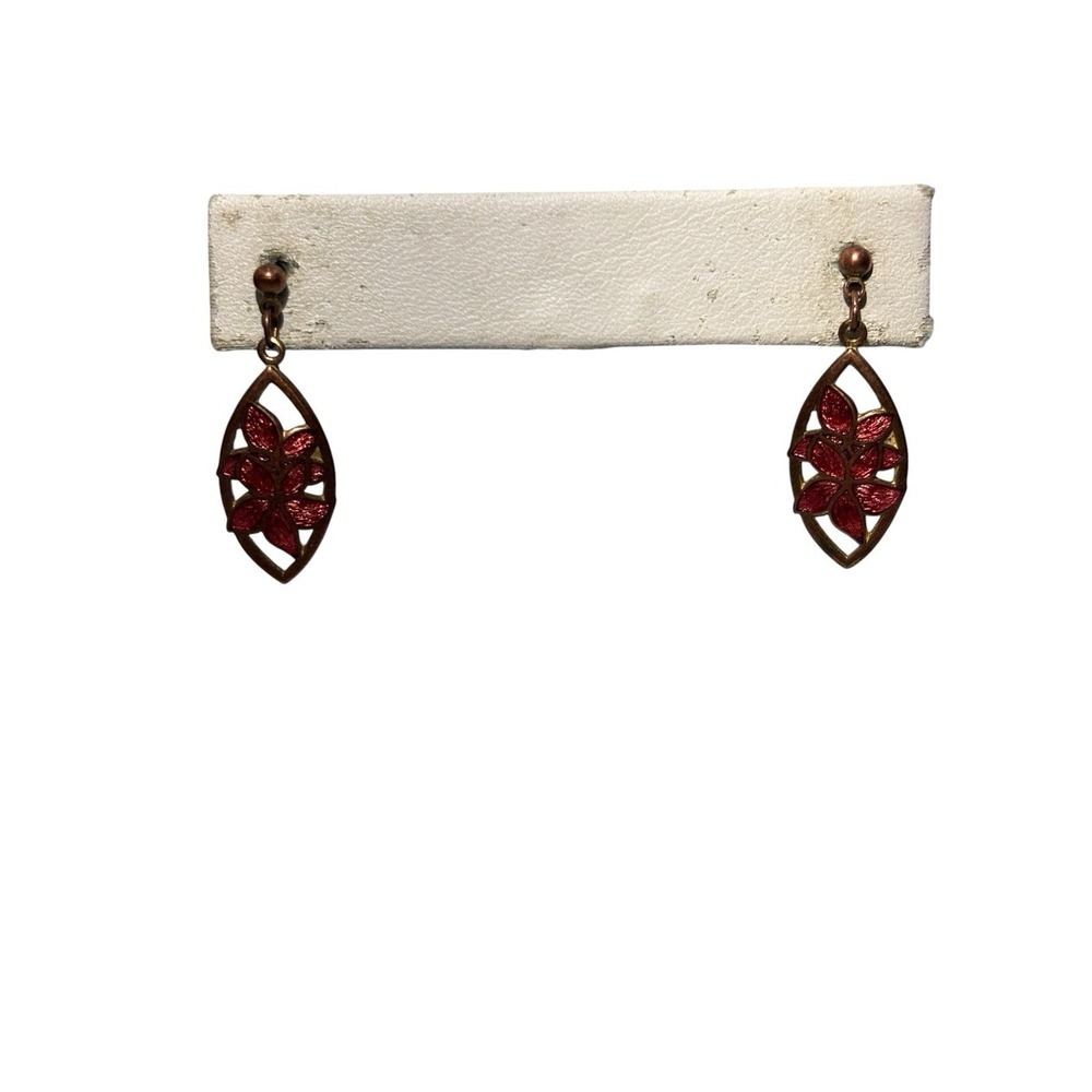 Vintage Fish Enterprises Copper Pink Cloisonne Enamel Flowers Pierced Earrings